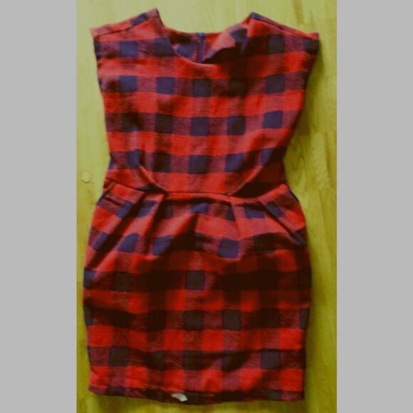Vintage 90s buffalo plaid black & red checkered wool blend shift dress M - Picture 8 of 11